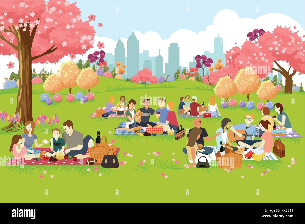 Ein Vektor Illustration von Menschen mit Picknick im Park im Frühling Stock Vektor