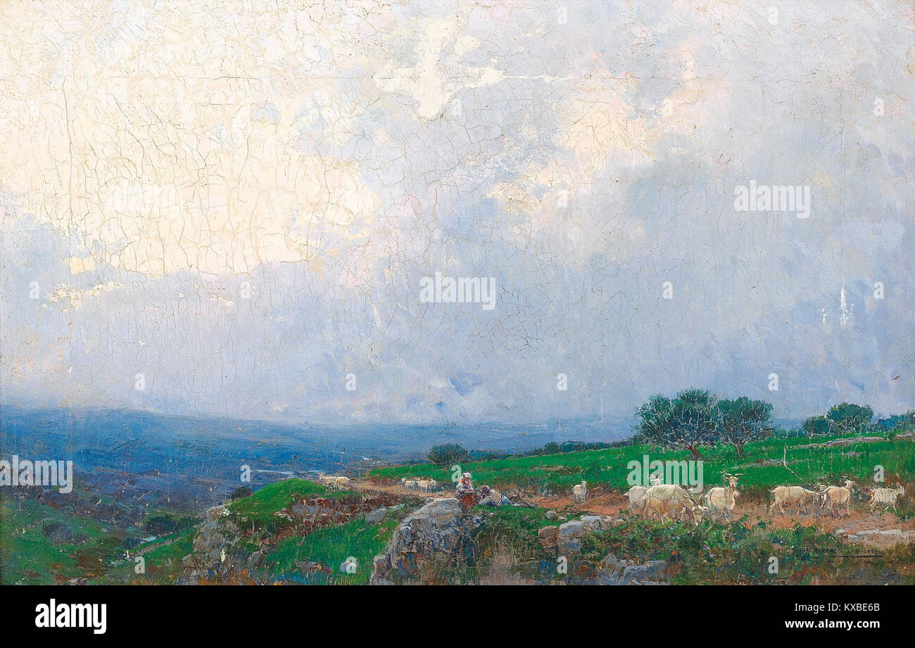 Gemälde von Mariano Barbasán, das italienische Hirten mit Ziegen in einer offenen Landschaft darstellt. Stockfoto