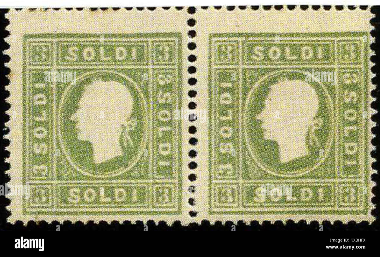 Eine Briefmarke des österreichischen Reiches 1862 mit einem Nennwert von 3 Soldi, ausgestellt in der Lombardei-Venetien. Der Stempel ist grün und wird unter dem Michel-Klassifikationssystem als Mi8IIa katalogisiert. Stockfoto