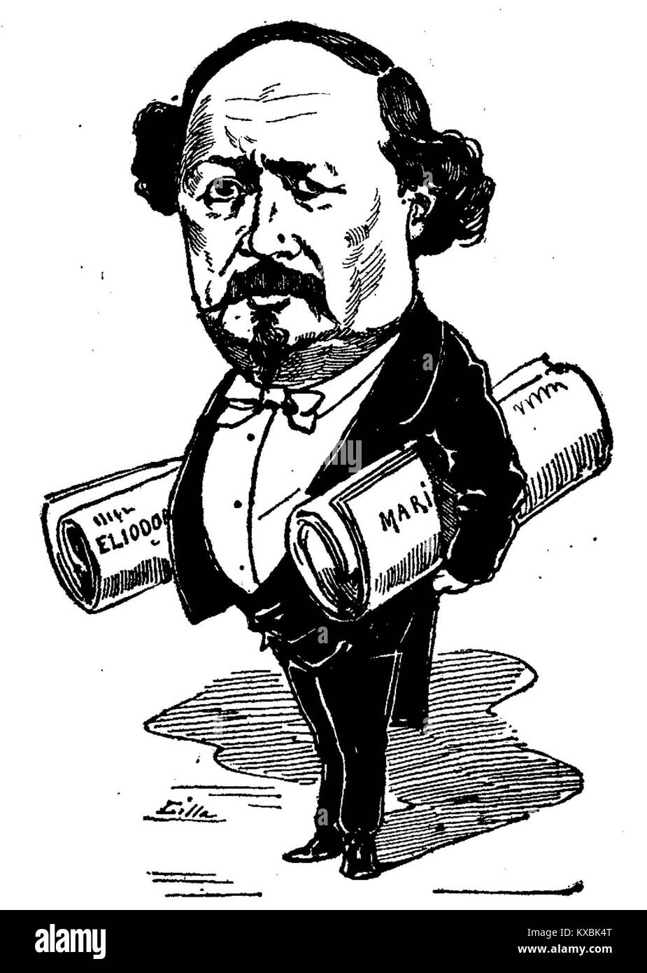 Eine Illustration von *Madrid Cómico* aus dem Jahr 1880 mit dem Komponisten Emilio Arrieta und dem Schauspieler Cilla. Das Bild repräsentiert die spanische Theater- und Musikkultur des späten 19. Jahrhunderts. Stockfoto