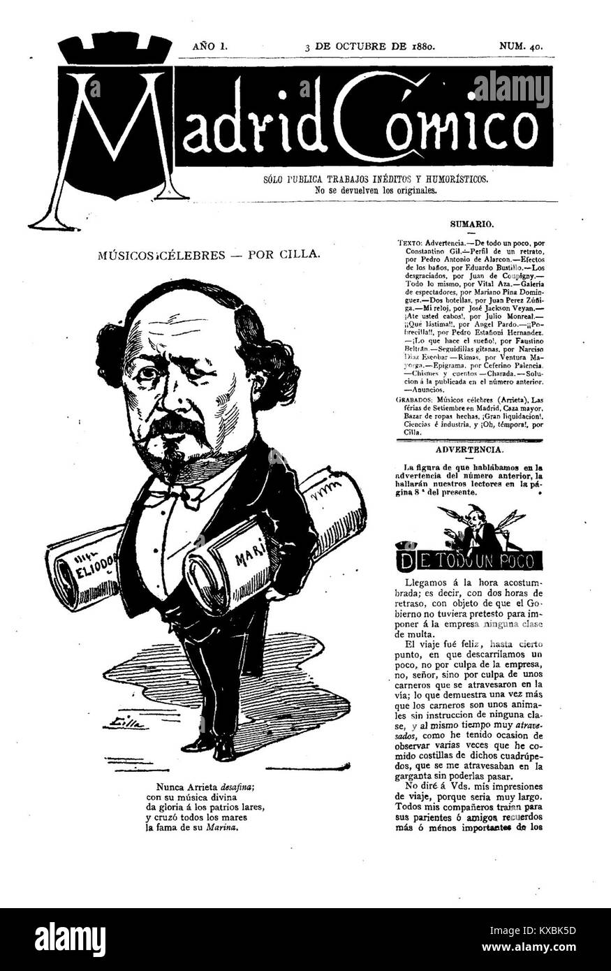 Eine Ausgabe von *Madrid Cómico* vom 3. Oktober 1880 mit dem Komponisten Emilio Arrieta und dem Schauspieler Cilla, die die spanische darstellende Kunst und den Kulturjournalismus des 19. Jahrhunderts thematisiert. Stockfoto