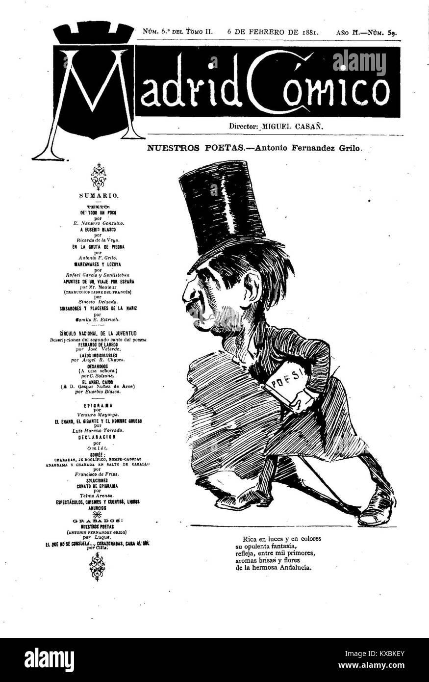 Ein Bild aus Madrid aus dem Jahr 1881, das ein Werk von Antonio Fernández Grilo darstellt, einem spanischen Künstler, der für humorvolle und satirische Kunst bekannt ist und den spanischen künstlerischen Ausdruck des späten 19. Jahrhunderts widerspiegelt. Stockfoto
