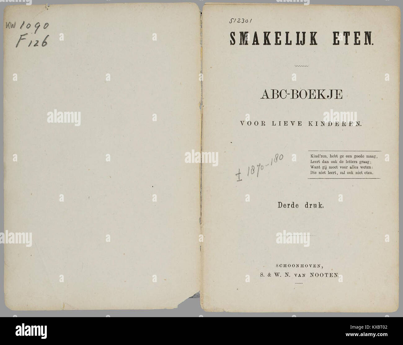 „Smakelijk eten“ ist ein illustriertes ABC-Buch für Kinder, das Essensvokabular und Essensgewohnheiten durch einfachen Text und ansprechende Bilder vermittelt. Stockfoto