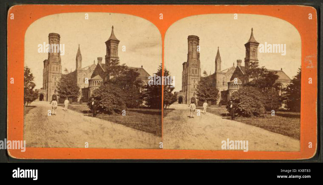 Eine Fotografie aus dem 19. Jahrhundert von Charles Milton Bell, die das Smithsonian Institution Building („Castle“) in Washington D.C. zeigt und die romanisch-neuzeitliche Architektur und die landschaftlich gestaltete Umgebung der National Mall hervorhebt. Stockfoto