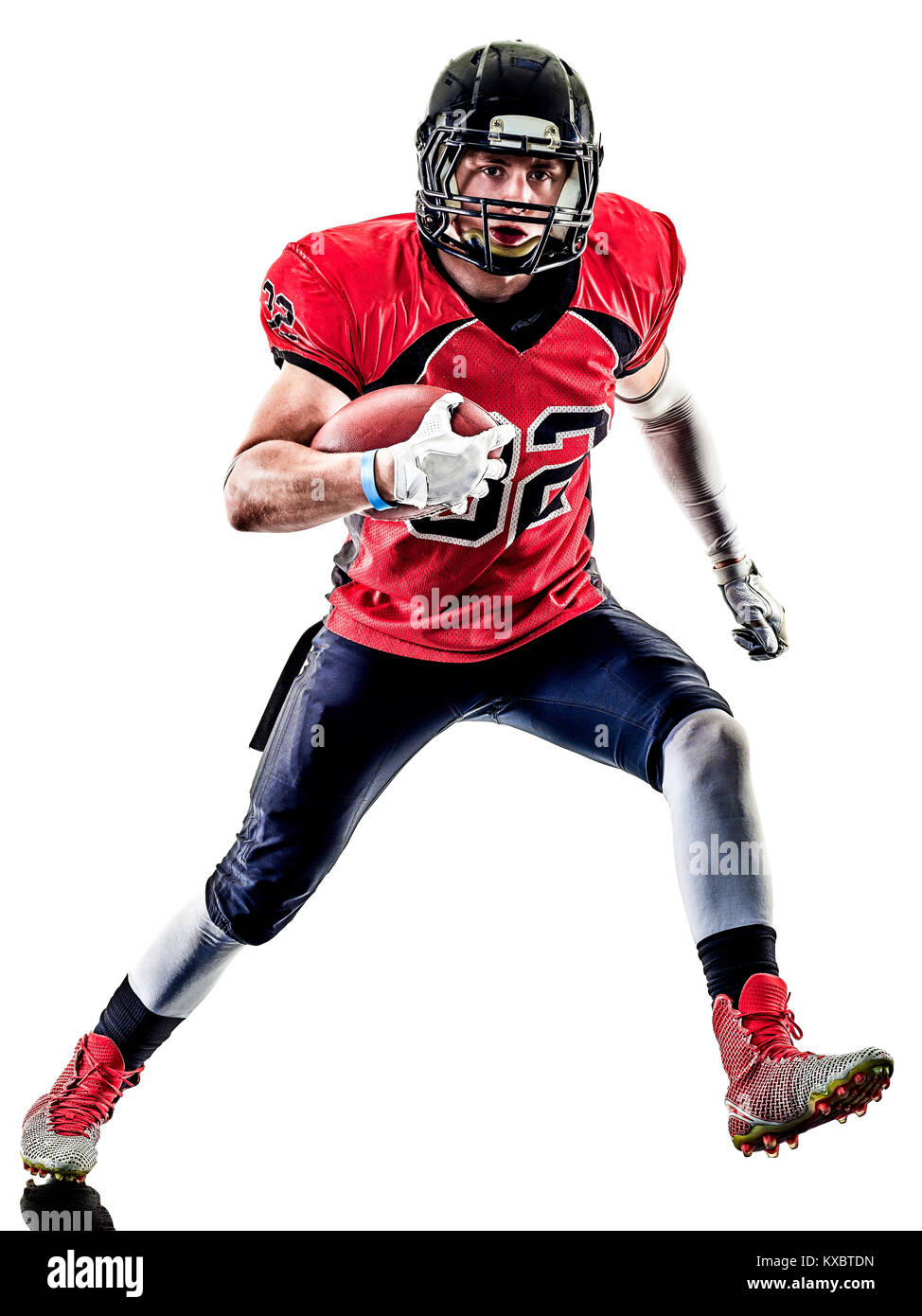 ein american-Football-Spieler Mann Studio isoliert auf weißem Hintergrund Stockfoto