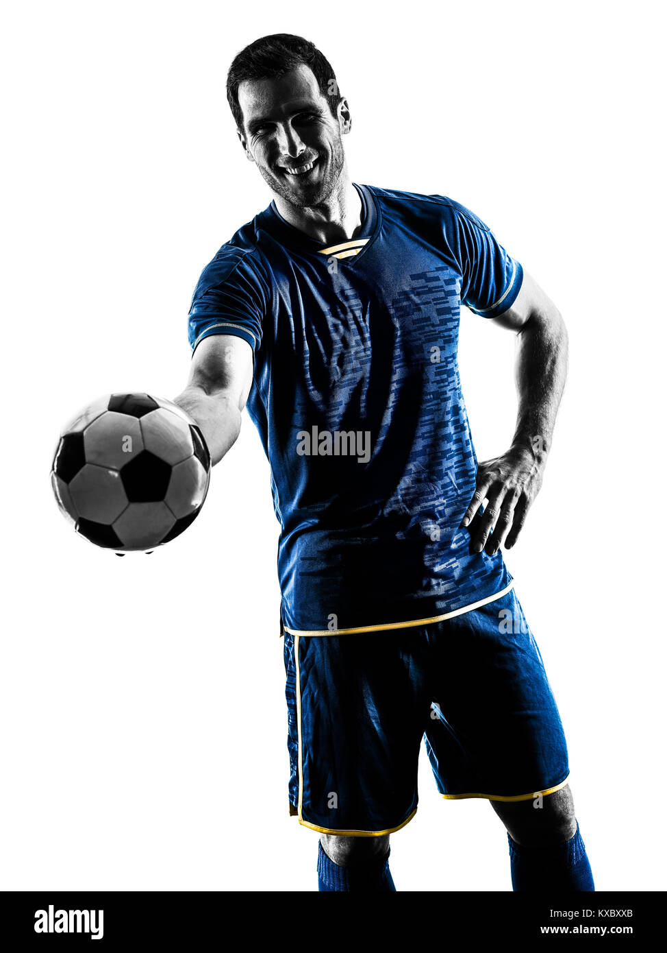 eine kaukasische Fußball Spieler Mann stand lächelnd Silhouette isoliert  auf weißem Hintergrund Stockfotografie - Alamy