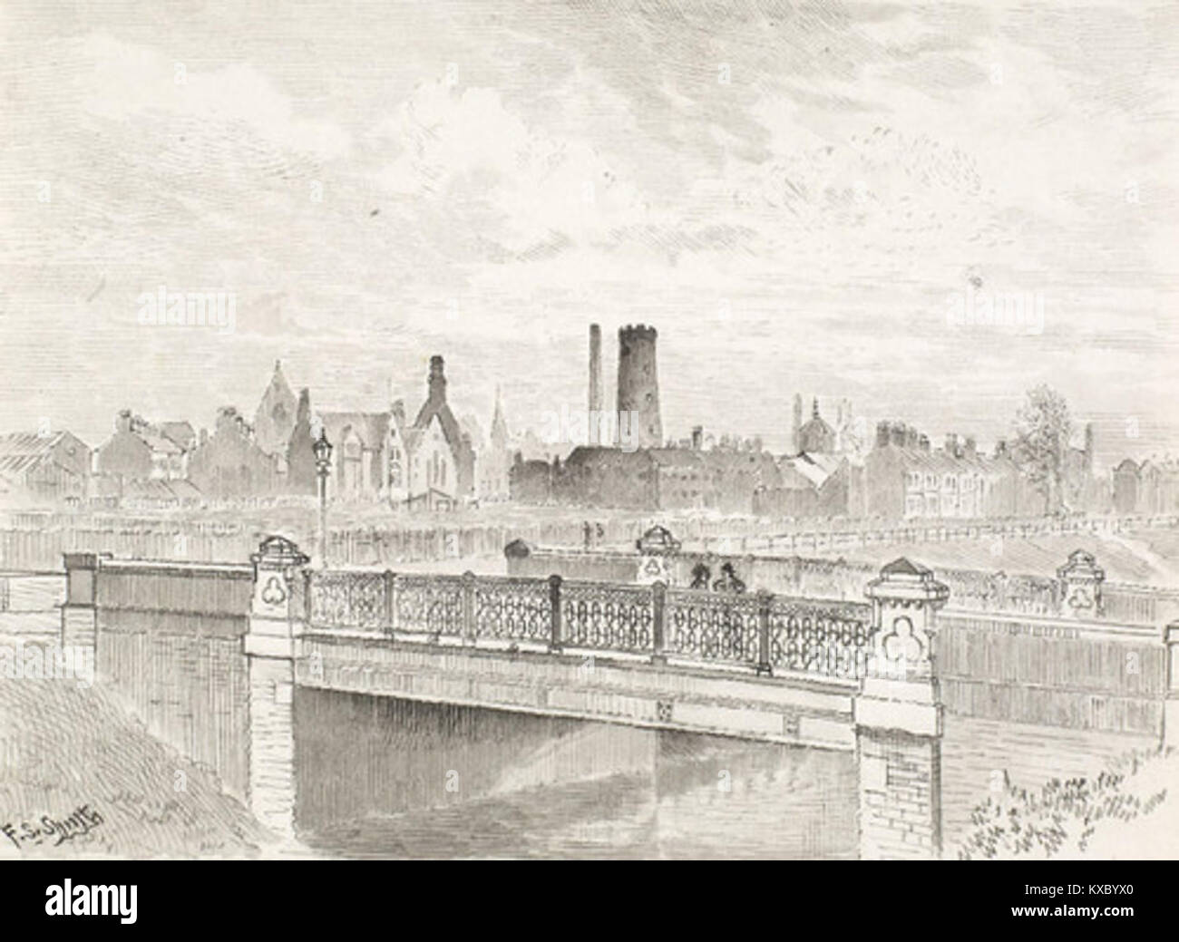 Eine historische Fotografie der St Mark’s Street Bridge über die Foredyke Street, erbaut um 1888, zeigt die Brückenstruktur mit den nahe gelegenen Sutton Southcoates und Drypool Gasworks, die viktorianische Industrieingenieurwesen in Hull, England repräsentieren. Stockfoto
