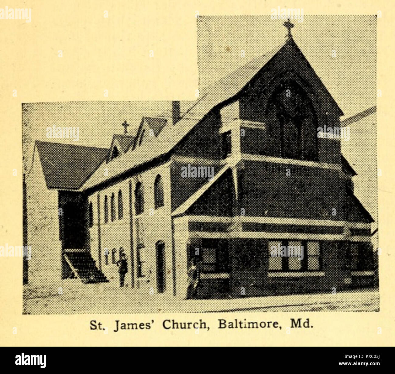 Das Bild der St. James Church, Baltimore um 1909 zeigt das Äußere einer aus Backsteinen gebauten anglikanischen Kirche in Baltimore, Maryland, mit einem hohen Turm, Spitzbogenfenstern und gotischen Details, die an der Wende des 20. Jahrhunderts üblich waren. Stockfoto