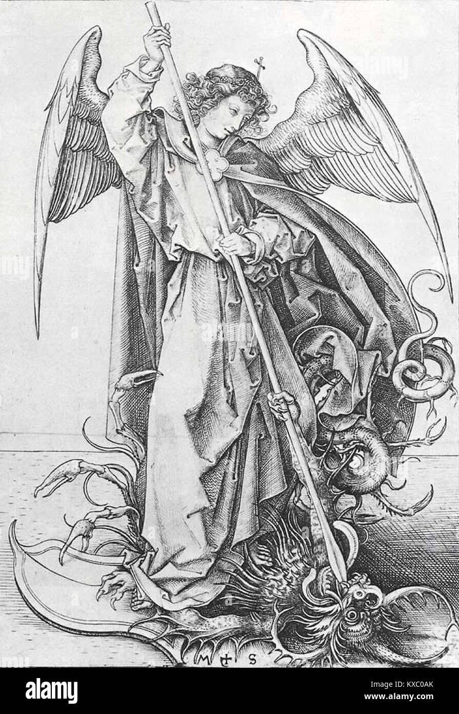 Dieses Kunstwerk von Martin Schongauer zeigt den Erzengel Michael, der über das Böse triumphiert. Schongauers Stich zeigt komplizierte Details und religiöse Symboliken, die deutsche Kunst des späten 15. Jahrhunderts und christliche Ikonographie widerspiegeln. Stockfoto