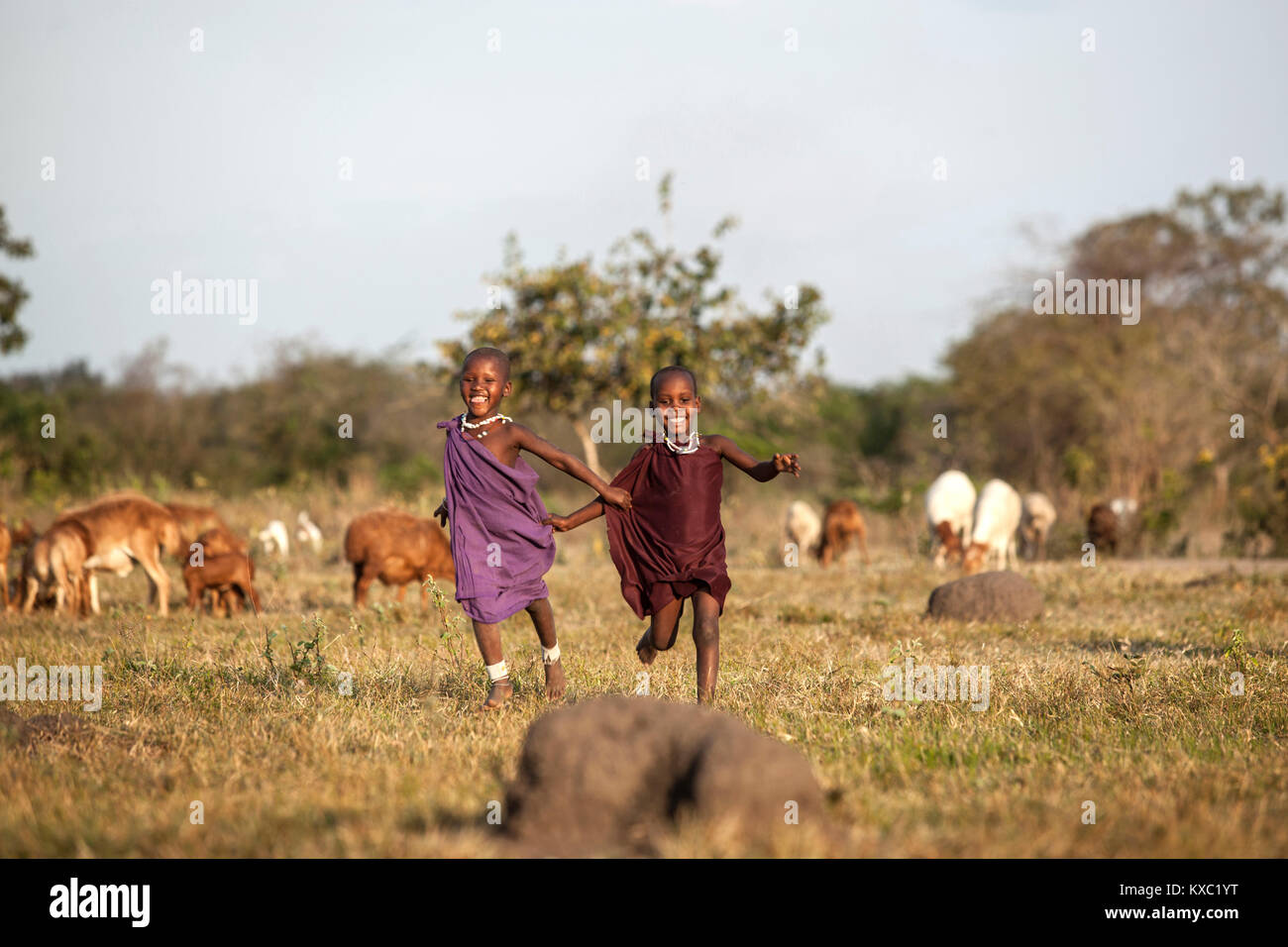 Junge Maasai spielen Kinder im Wald im Ngayoni Changarawe, Kilosa Bezirk, Tansania am 3. Oktober 2017. Stockfoto