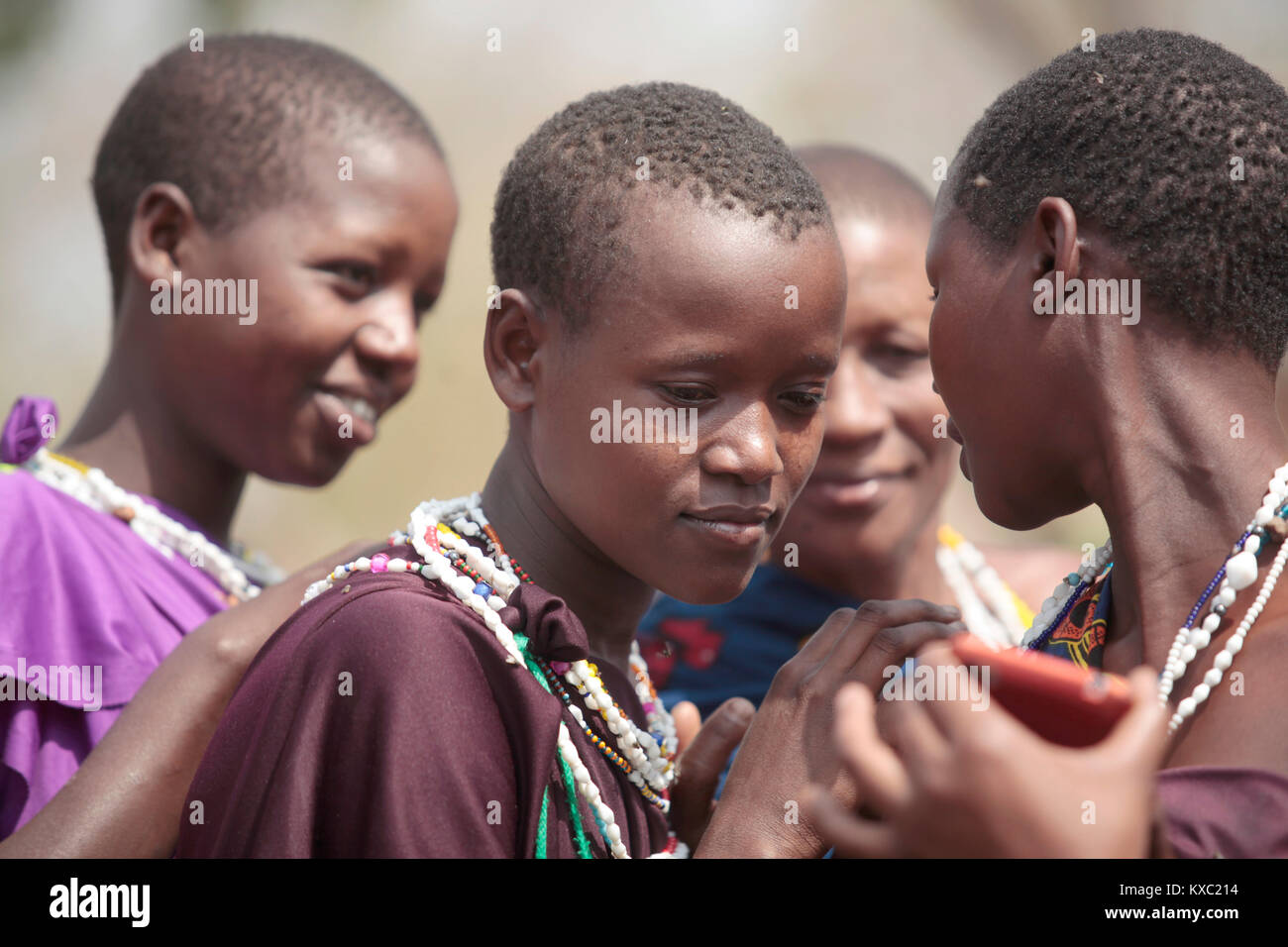 Maasai Frauen Bilder in ein Mobiltelefon in Tansania. Stockfoto