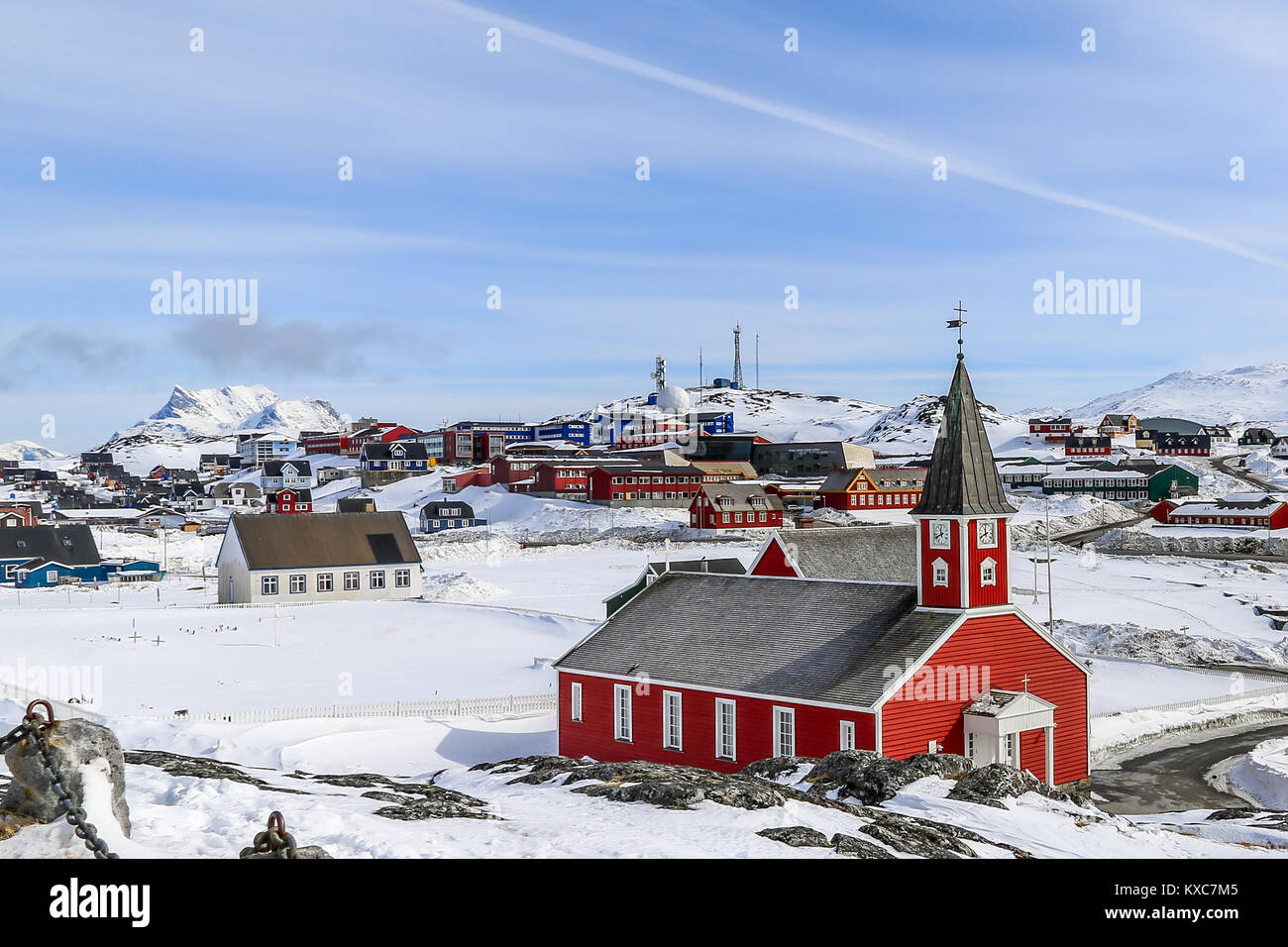Annaassisitta Oqaluffia, Kirche des Erlösers unter Schnee im historischen Zentrum von Nuuk, Grönland Stockfoto