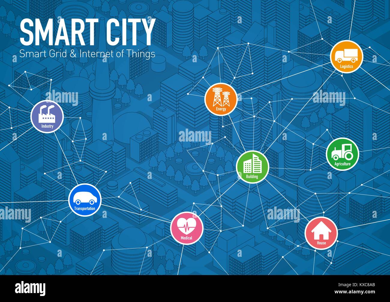 Smart City Line Zeichnung Abbildung mit verschiedenen technologischen Ikonen, futuristische Stadtlandschaft und modernen Lebensstil, smart gürten, IoT (Internet der Dinge) Stock Vektor