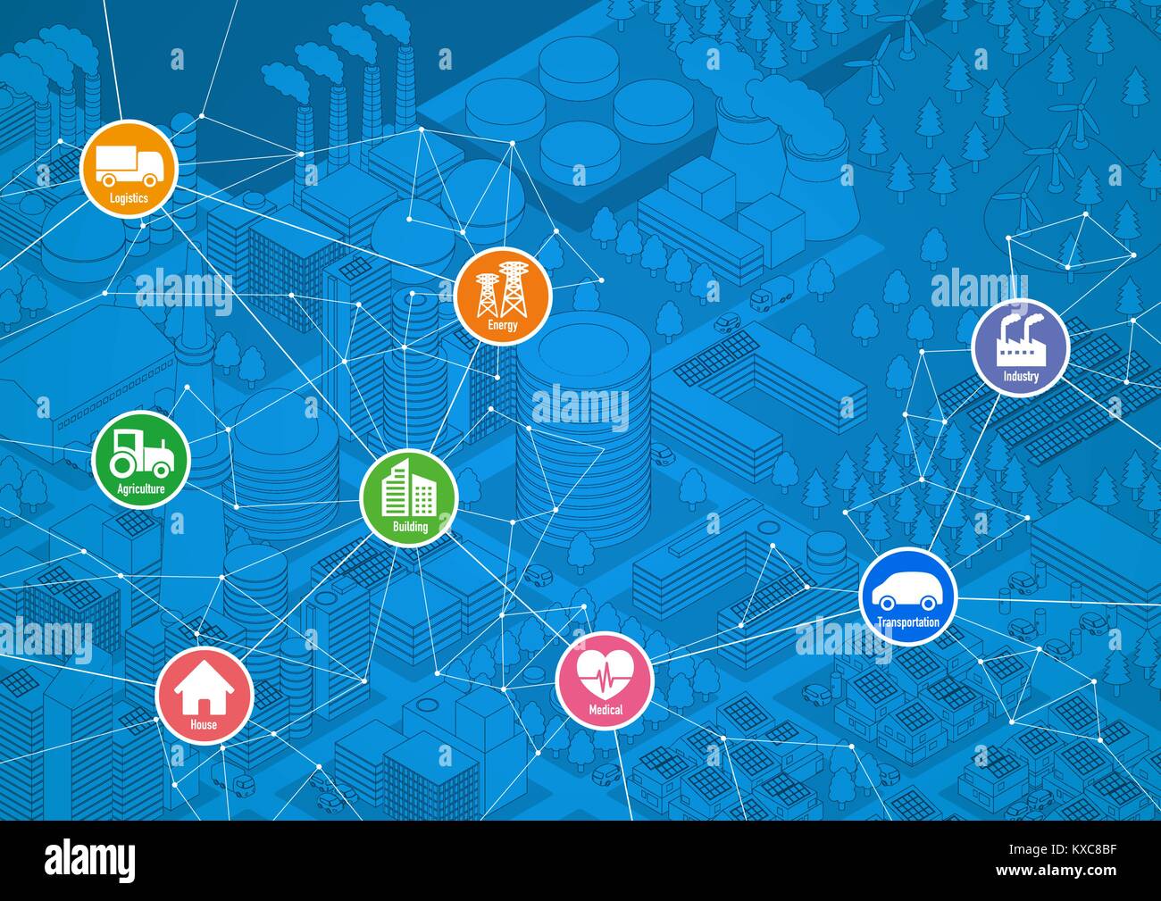 Smart City Line Zeichnung Abbildung mit verschiedenen technologischen Ikonen, futuristische Stadtlandschaft und modernen Lebensstil, smart gürten, IoT (Internet der Dinge) Stock Vektor