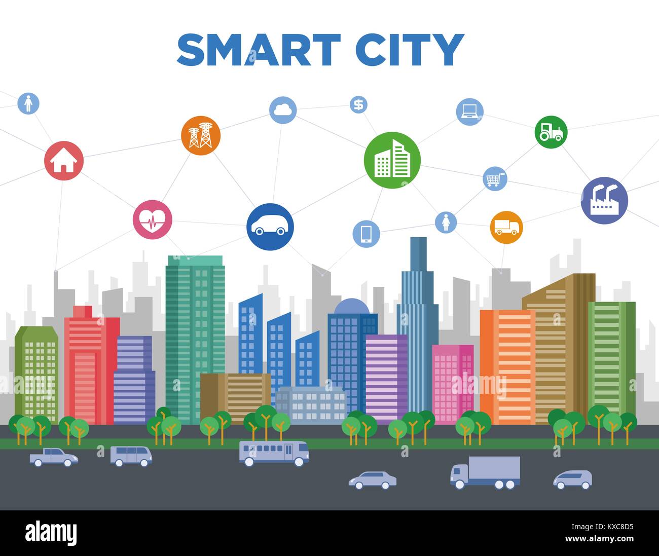 Smart City Konzept Abbildung, bunte städtische Gebäude und verschiedenen Technologie Symbole, Smart Grid, IoT (Internet der Dinge). Stock Vektor