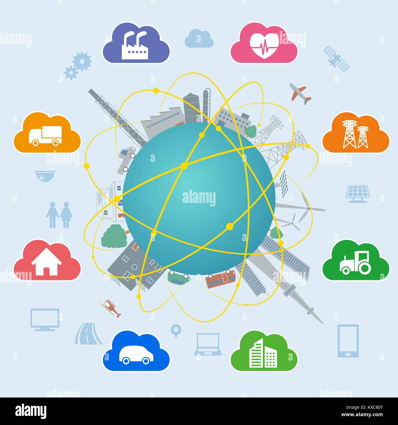 Smart City auf globale Boden mit verschiedenen technologischen Ikonen, futuristische Stadtlandschaft und modernen Lebensstil, smart gürten, IoT (Internet der Dinge). Stock Vektor