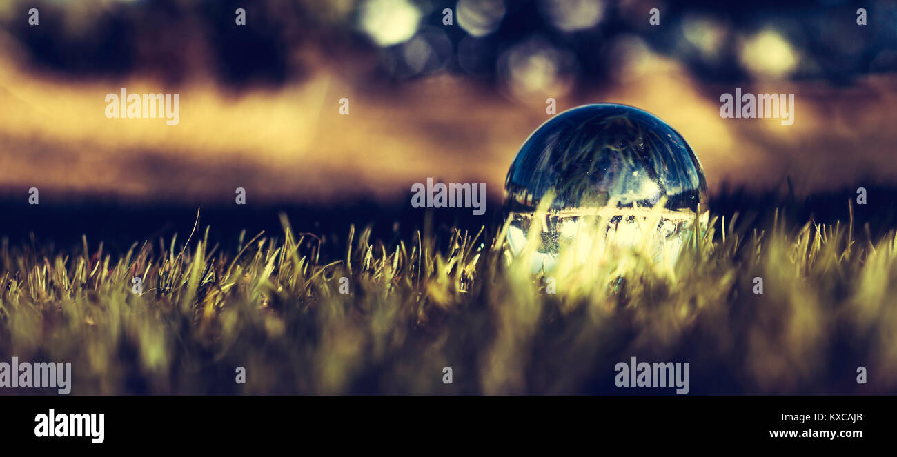 Crystal Ball auf dem Rasen im Herbst Sonne beleuchtet Stockfoto
