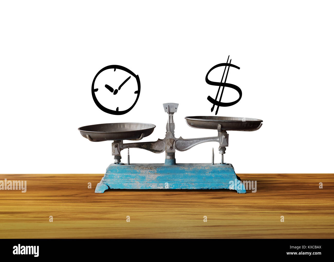 Uhr und Geld Dollarzeichen auf der Skala, Work Life Balance Konzept Stockfoto