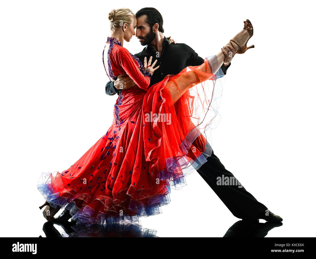 ein kaukasischer Mann und Frau paar Ballsaal Tango Salsa Tänzer tanzen im Studio Silhouette isoliert auf weißem Hintergrund Stockfoto