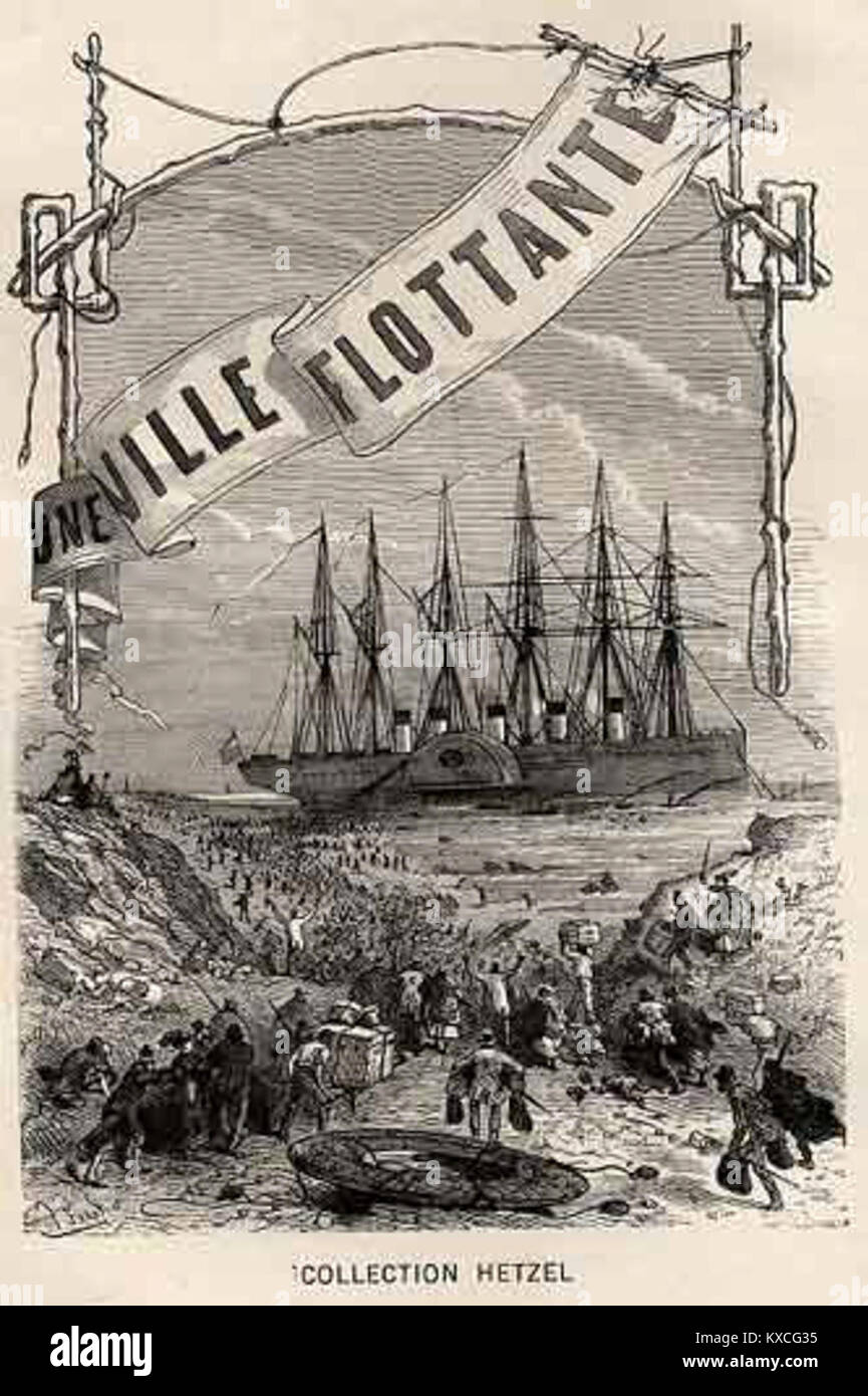 Ein Bild, das mit einem Werk von Jules Verne mit dem Titel „Město“ (die Stadt) verwandt ist und Vernes literarische Auseinandersetzung mit urbanen Umgebungen und menschlichen Fortschritten in seinen Science-Fiction-Erzählungen widerspiegelt. Stockfoto