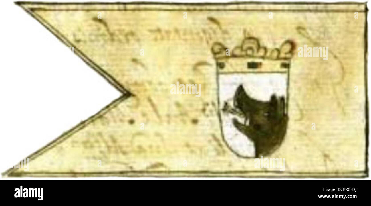 Eine Illustration des „Vexillum Serviae“ aus dem Jahr 1618, die die historische Flagge Serbiens darstellt. Das Bild spiegelt frühes heraldisches Design und nationale Symbolik des 17. Jahrhunderts wider. Stockfoto