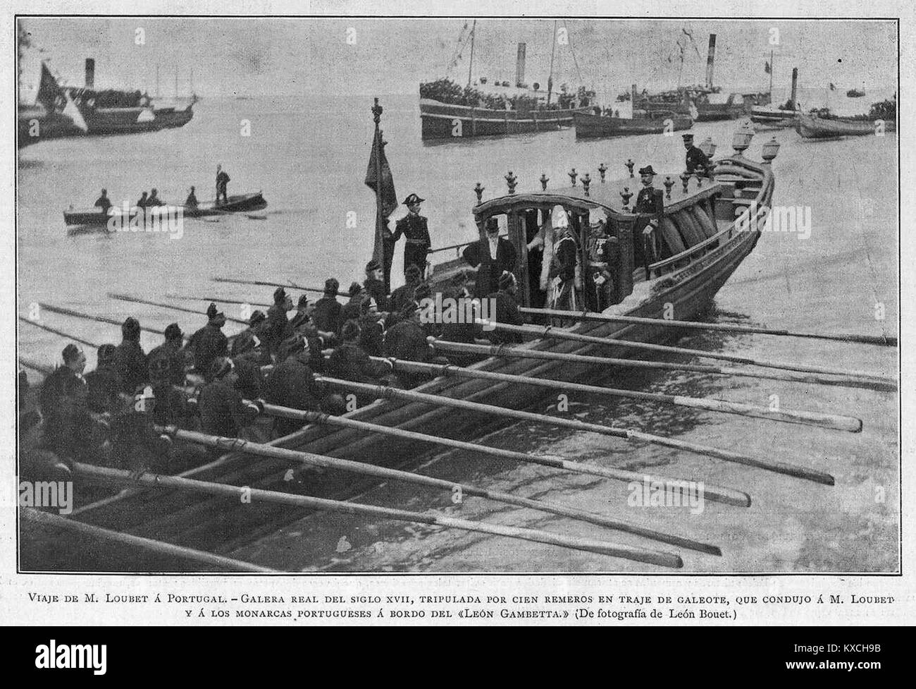 Ein historischer Bericht über die Reise des französischen Präsidenten Emile Loubet nach Portugal an Bord einer königlichen Galeere mit 100 Ruderern, die als Galeere-Sklaven verkleidet sind, veranschaulicht die Seeveranstaltung und Diplomatie des 17. Jahrhunderts. Stockfoto