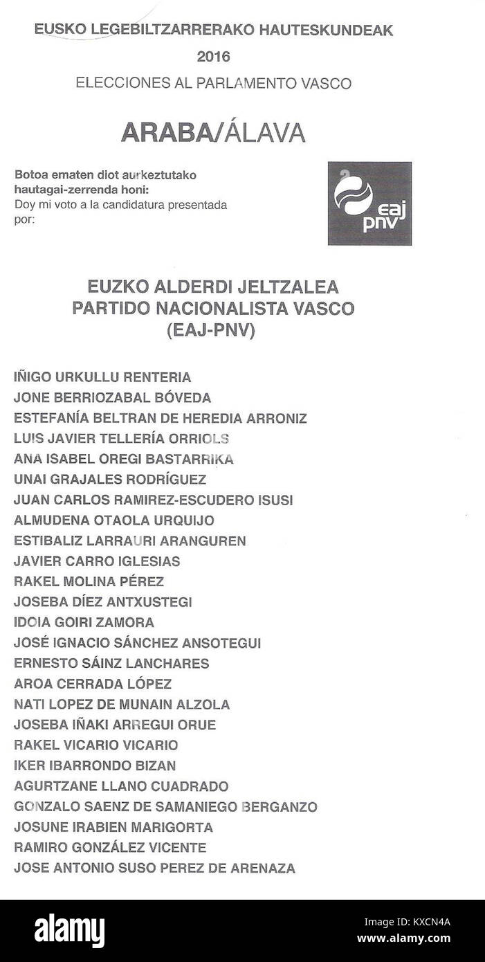 2016 baskischen Wahlen Wahlzettel Araba - Álava Euzko Alderdi Jeltzalea-Partido Nacionalista Vasco --EAJ-PNV Stockfoto