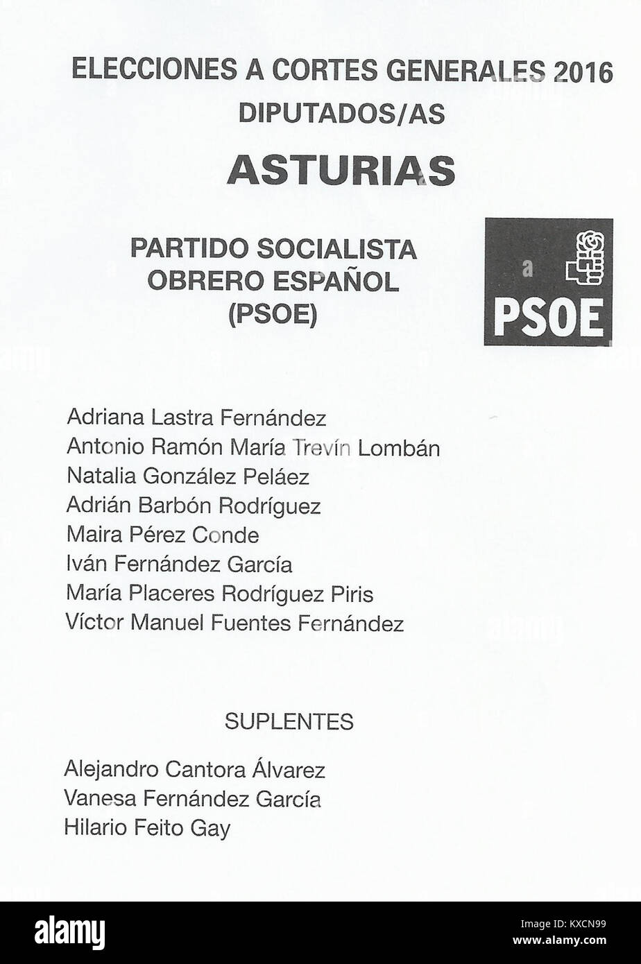 Abstimmung der spanischen Parlamentswahlen 2016 in Asturien mit der Partido Socialista Obrero Español (PSOE). Sie repräsentiert den politischen und demokratischen Prozess Spaniens durch offizielle Abstimmungsmaterialien. Stockfoto
