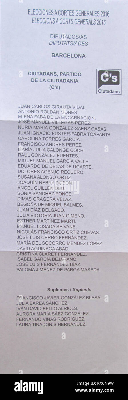 In diesem Wahlgang zu den spanischen Parlamentswahlen 2016 in Barcelona wird die Ciutadans-Partei, eine einflussreiche politische Kraft in Spanien, vorgestellt. Die Wahl erfasste wichtige politische Entscheidungen, die die Zukunft Spaniens prägten. Stockfoto