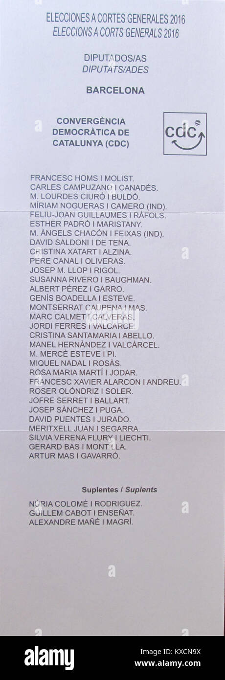Ein Wahlgang von Barcelona 2016 für die spanischen Parlamentswahlen, in dem die Partei Convergència Democràtica de Catalunya (CDC) gezeigt wird, zeigt, wie Katalonien in seinem demokratischen Rahmen politisch beteiligt ist. Stockfoto