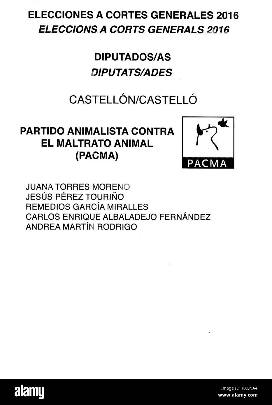 Die Parlamentswahlen 2016 für Castellón, Spanien, umfassen die PACMA-Partei, die die Tierrechte vertritt. Der Wahlgang dokumentiert die Wahlverfahren und die politische Beteiligung. Stockfoto