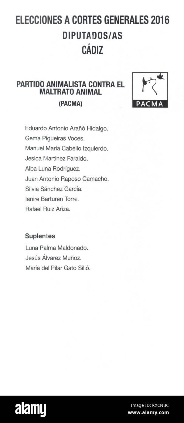 An den Parlamentswahlen in Spanien 2016 in Cádiz ist die PACMA-Partei beteiligt, die die politische Beteiligung und die Wahlpraktiken in Spanien während des Wahlprozesses widerspiegelt. Sie dokumentiert einen Moment des demokratischen Engagements in der spanischen Politik. Stockfoto