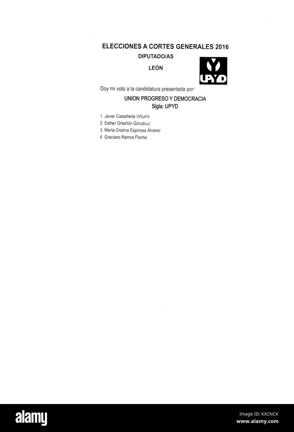 In diesem Wahlgang zu den spanischen Parlamentswahlen 2016 in León wird die UPYD-Partei vorgestellt, die den politischen Prozess und die Wahlmuster in Spanien hervorhebt. Er dokumentiert die Rolle der Wahlen im demokratischen System und in der politischen Teilhabe. Stockfoto