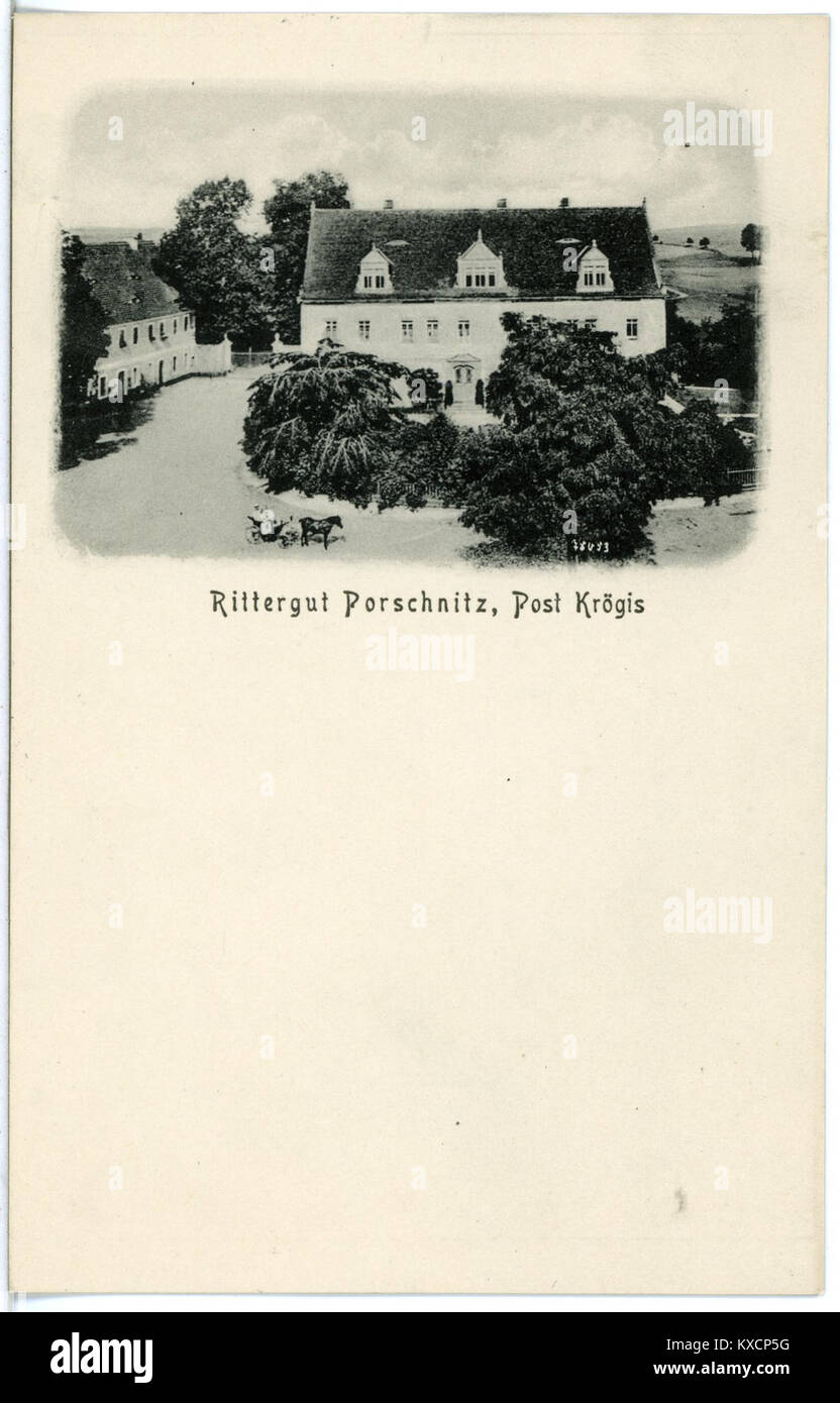 Dieses Bild aus dem Jahr 1916 zeigt Rittergut Porschnitz, aufgenommen von Brück & Sohn Kunstverlag. Das Foto betont die historische Architektur des Anwesens und spiegelt den architektonischen Stil der Zeit wider. Stockfoto