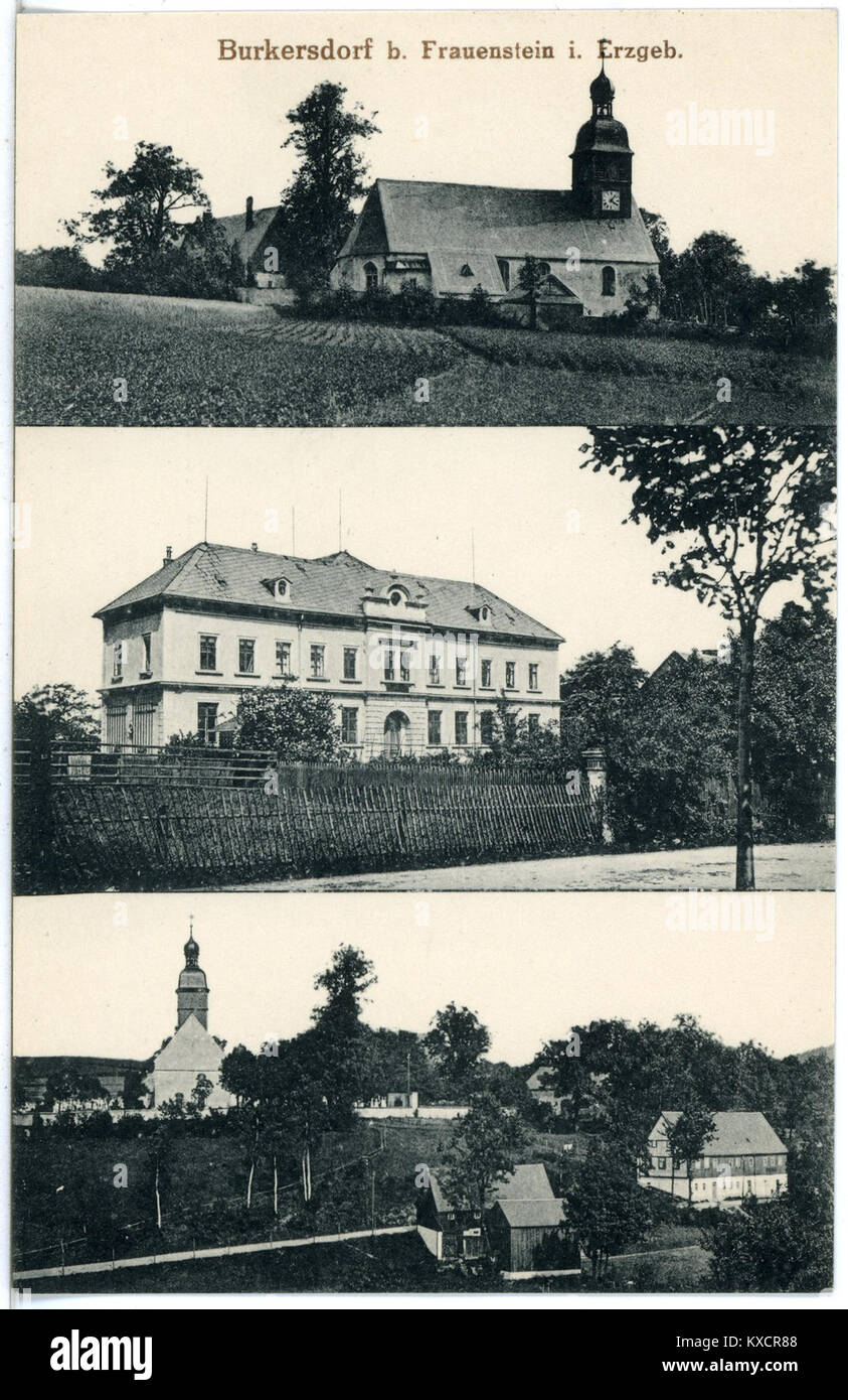 Dieses 1918 von Brück & Sohn Kunstverlag veröffentlichte Bild aus Burkersdorf (Frauenstein) zeigt Stadtansichten. Das Bild spiegelt die architektonische und kulturelle Gestaltung des Gebiets während dieser Zeit wider. Stockfoto