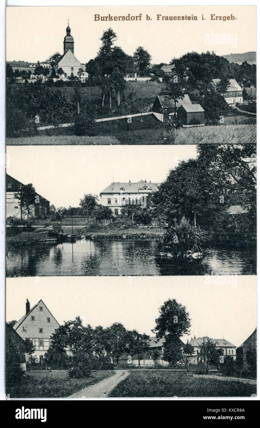 Diese Postkarte aus dem Jahr 1918 zeigt einen Blick auf Burkersdorf in Frauenstein, Deutschland, und zeigt die Architektur der Stadt und lokale Wahrzeichen aus dieser Zeit. Stockfoto