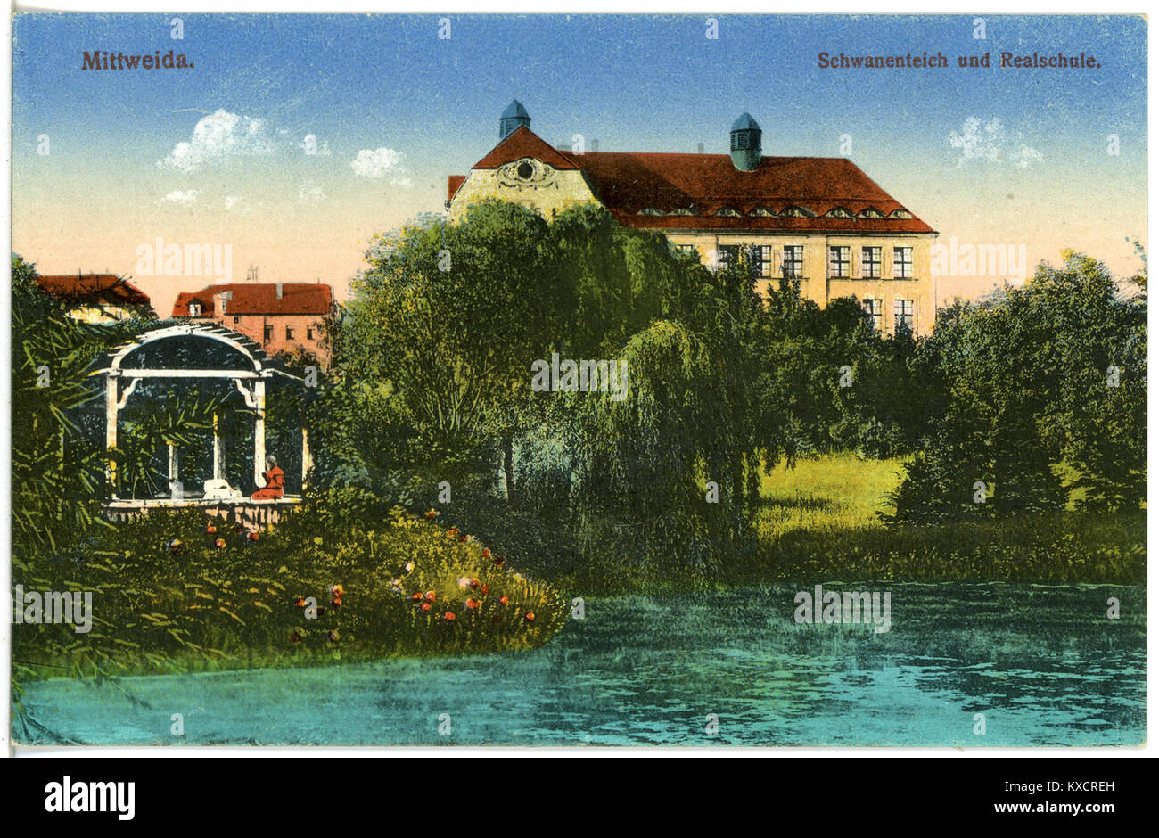 20919 - Mittweida-1918 - Schwanenteich und Realschule-Brück&Sohn Kunstverlag Stockfoto
