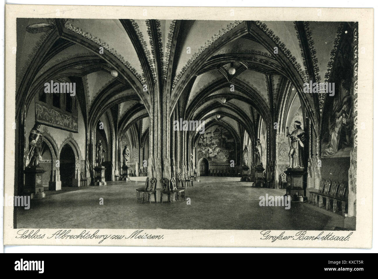 Die Postkarte von Brück & Sohn Kunstverlag aus dem Jahr 1919 zeigt den Großen Bankettsaal der Albrechtsburg in Meißen, bekannt für seine gotische Architektur und historische Bedeutung. Stockfoto