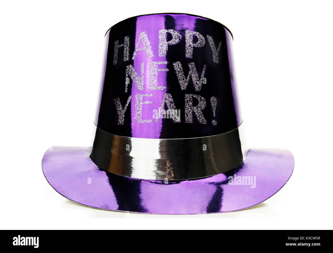 Die Lila Neujahrsparty Hut auf Weiß. Stockfoto