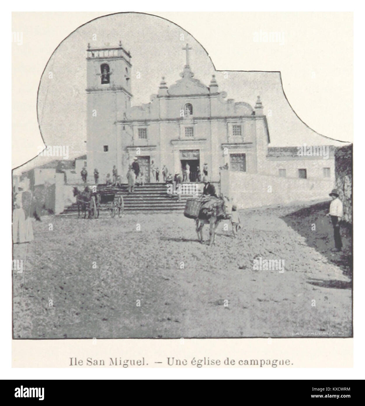 Ein Bild mit dem Titel „Ile San Miguel. – Eine Landkirche“ zeigt eine ländliche Kirche auf der Insel San Miguel, möglicherweise auf den Azoren oder den Kanarischen Inseln, die abgelegene kirchliche Architektur veranschaulicht. Stockfoto