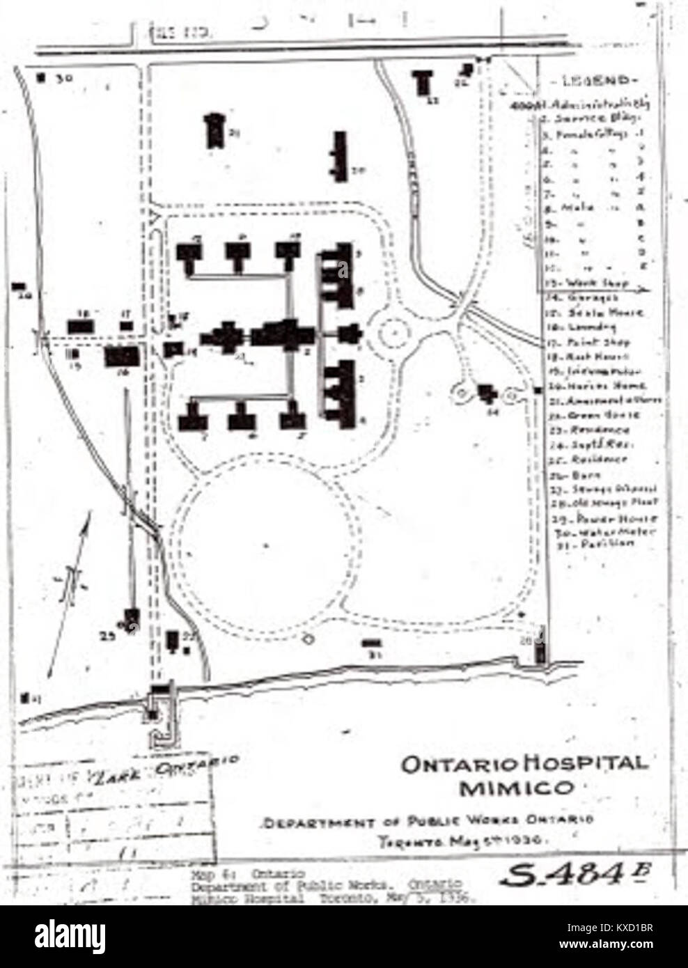 Eine 1936 vom Department of Public Works erstellte Karte, die Jackson Creek und das umliegende Krankenhausgelände zeigt und die Infrastruktur und Landnutzung des Gebiets dokumentiert. Stockfoto