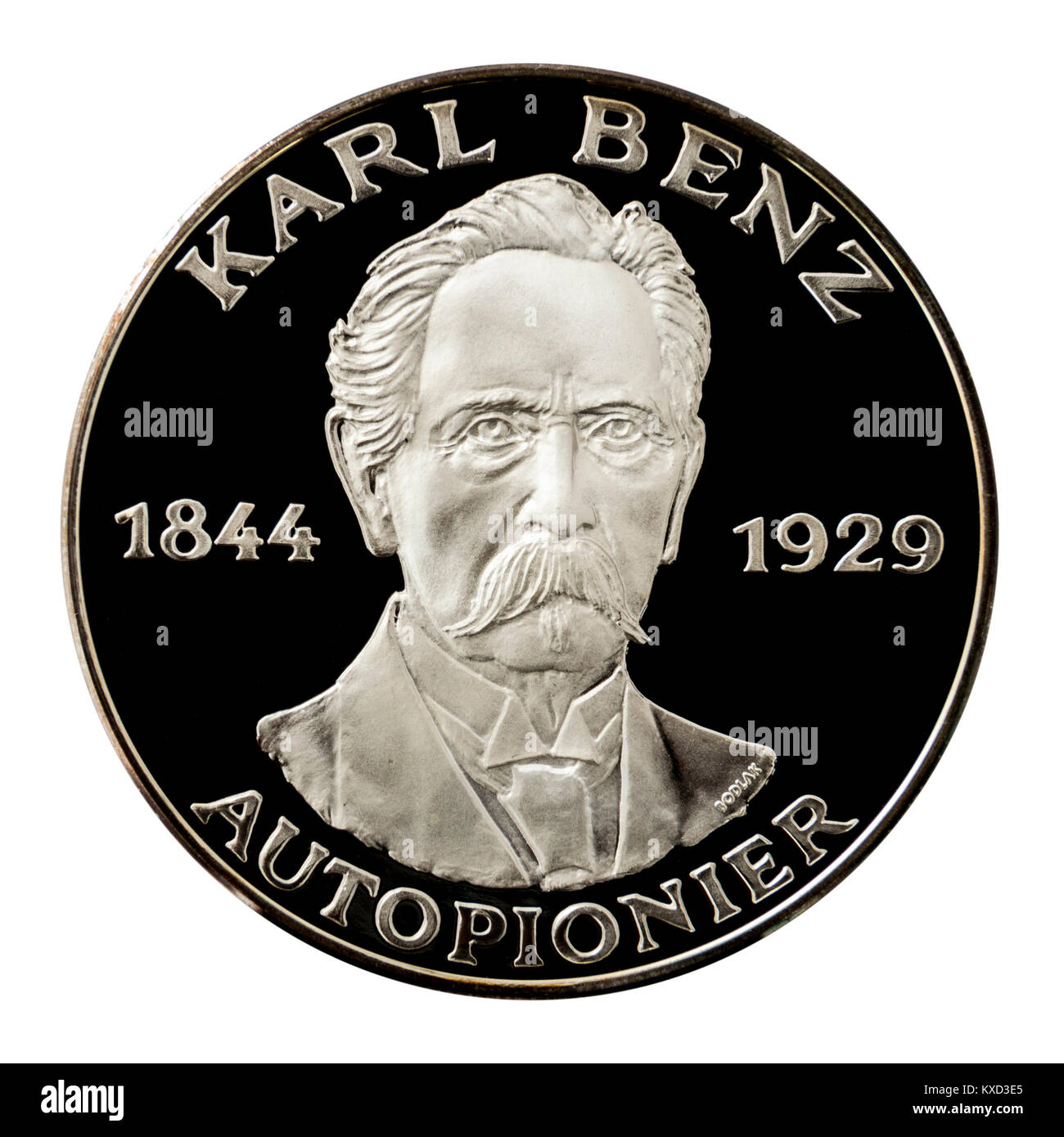 99,9% Beweis Silber Medaillon mit Karl Benz, der berühmten deutschen Fachblatts Pionier. Stockfoto