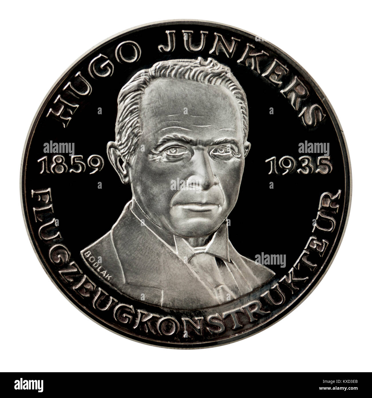 99,9% Beweis Silber Medaillon mit Hugo Junkers, dem berühmten deutschen Ingenieur und Designer. Stockfoto