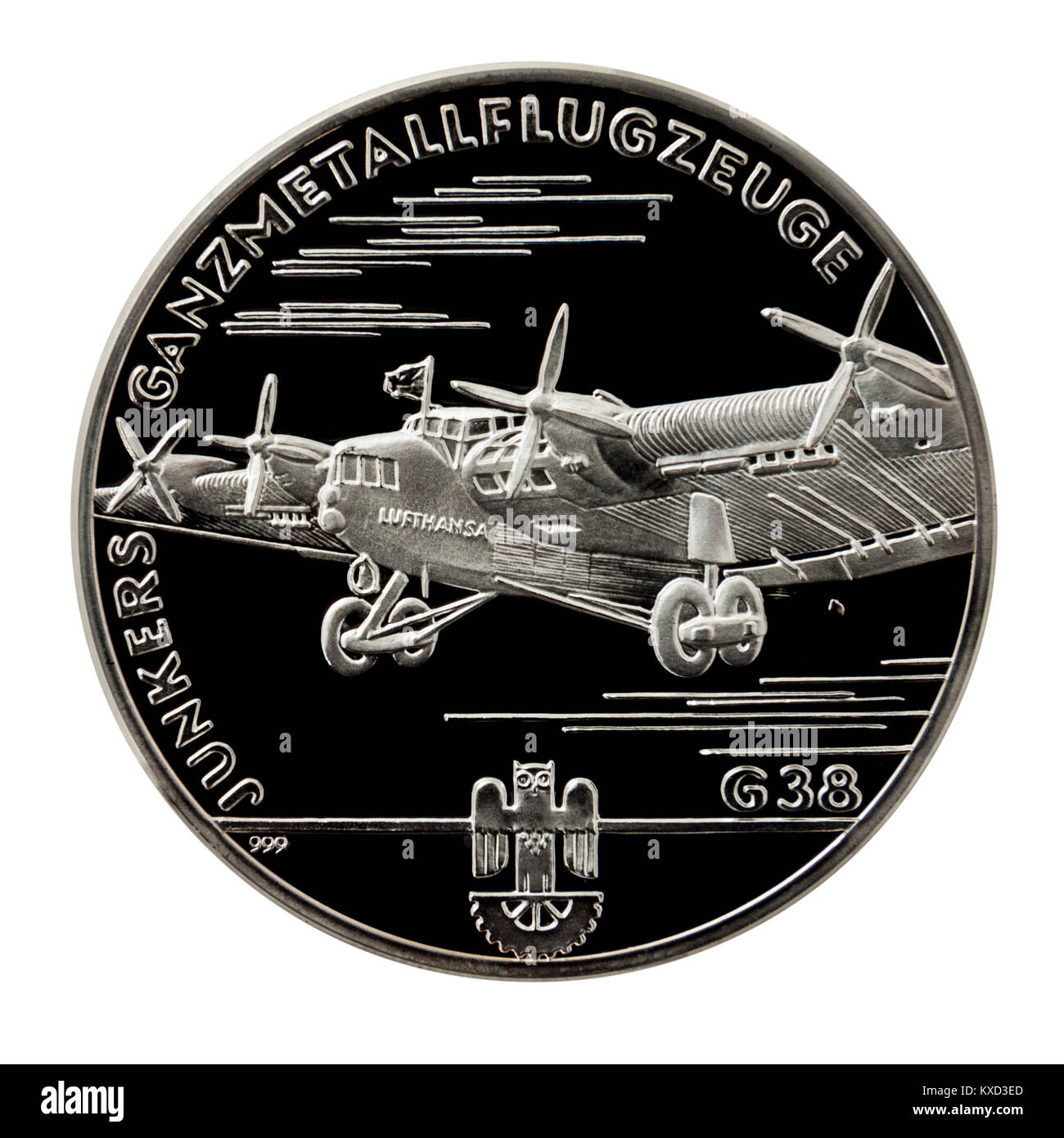 99,9% Beweis Silber Medaillon mit der Junkers G 38 Transportflugzeug auf der einen Seite und Hugo Junkers, dem berühmten deutschen Ingenieur. Stockfoto
