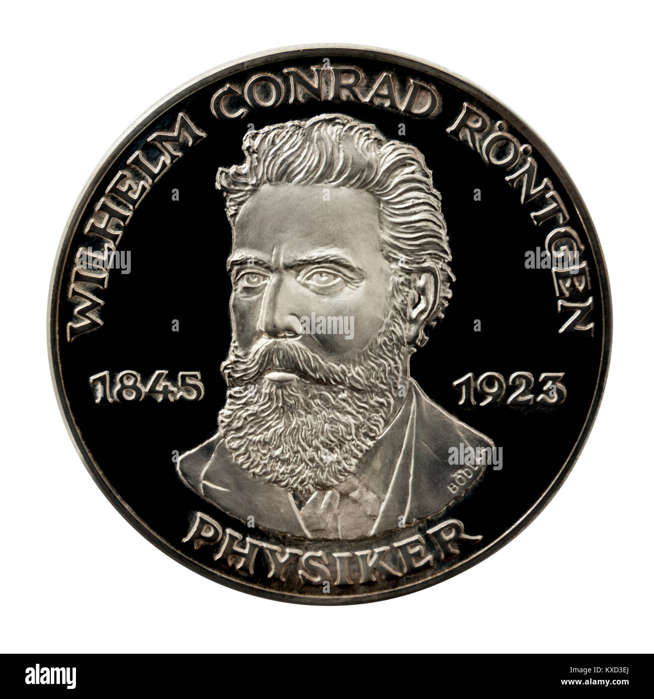 99,9% Beweis Silber Medaillon mit Wilhelm Conrad Röntgen, der berühmten deutschen Erfinder der X-Strahlen. Stockfoto