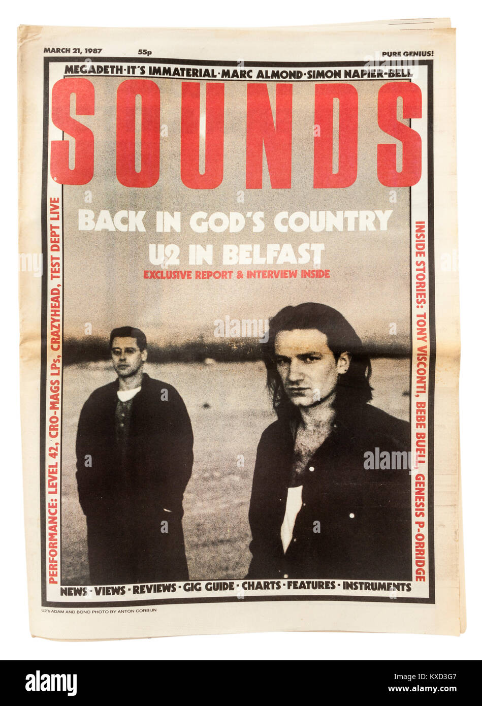Wöchentliche British Sounds" Musik Zeitung vom 21. März 1987, mit Bono und Adam von U2 an der vorderen Abdeckung. Stockfoto