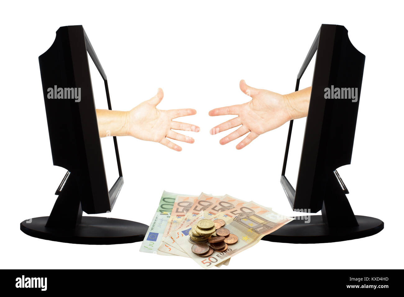 Virtuelle Spiel durch Internet hand Form der Schere Stein auf weißem Hintergrund mit Geld Euro-Banknoten und -Münzen - Internet Business Konzept. Stockfoto