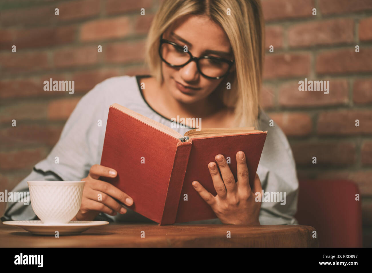 Frau sitzt an einem Tisch, ein Buch zu lesen Stockfoto