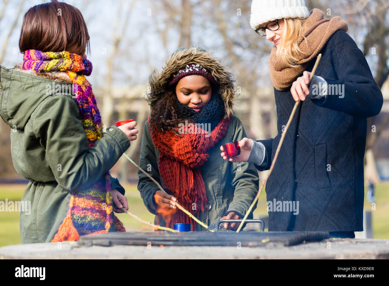 Gruppe von Jugendlichen braten Würstchen im Freien Stockfoto