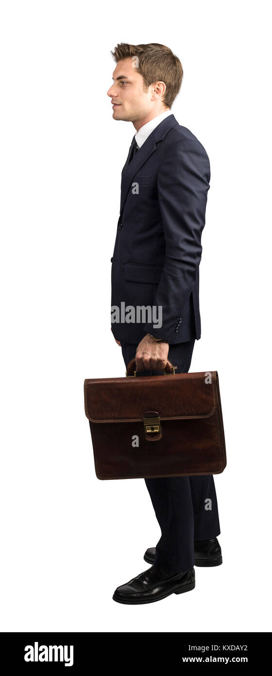 Ständigen Geschäftsmann mit Handtasche auf weißem Hintergrund Stockfoto